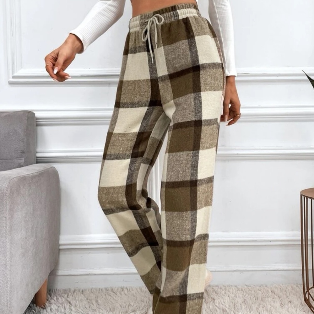 Plaid Print Drawstring Waist Wool-Mix Pants - Picture 4 of 5